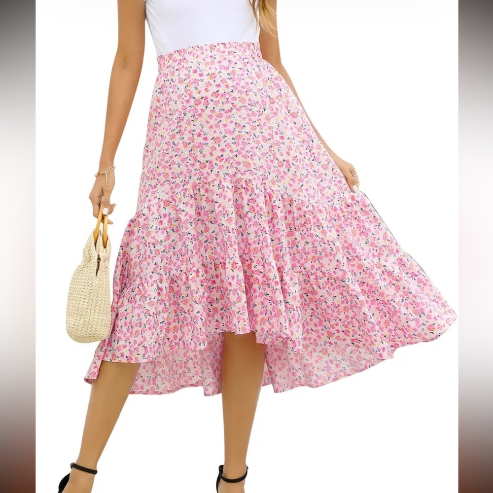 Elegant Floral High-Low Skirt in Pink